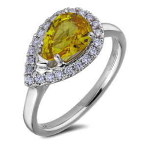 Pear Shape Yellow Sapphire and Canadian Diamond Halo Ring in 14K White Gold