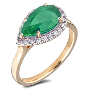 Brazilian Emerald and Canadian Diamond East West Halo Ring in Yellow Gold