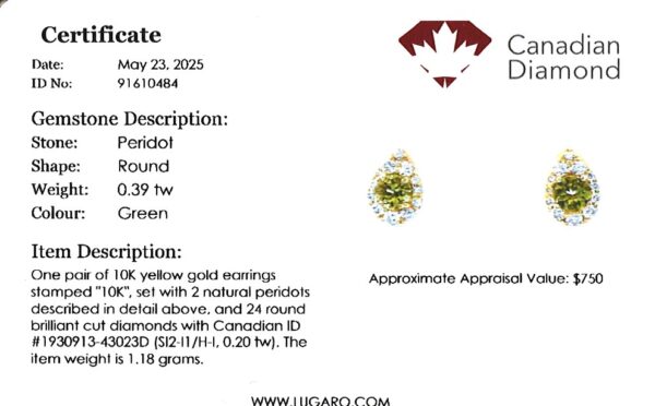 Peridot and Canadian Diamond Pear-Shaped Halo Stud Earrings in Yellow Gold - Image 3