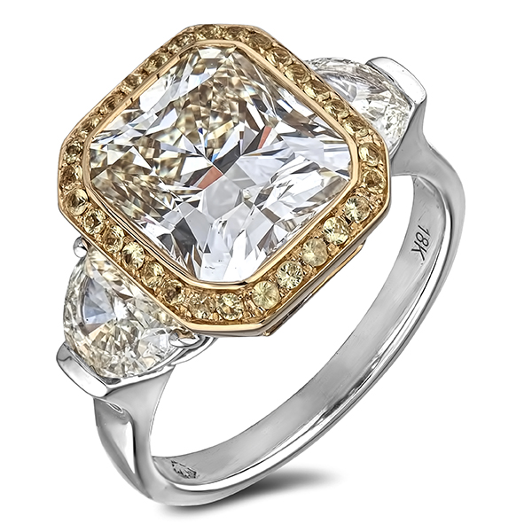 GIA Polar Bear Canadian Diamond 4.31 Carat Fancy Light Yellow Trilogy Style Halo Engagement Ring in 18K Gold