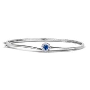 Sapphire and Canadian Diamond Halo Bangle Bracelet in White Gold