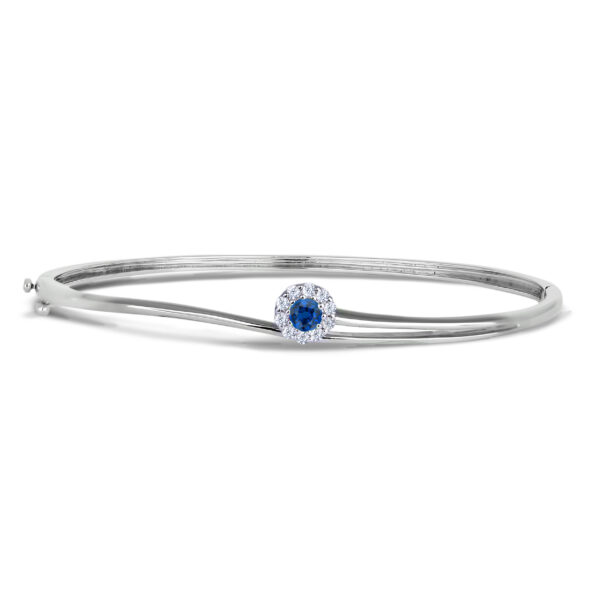 Sapphire and Canadian Diamond Halo Bangle Bracelet in White Gold