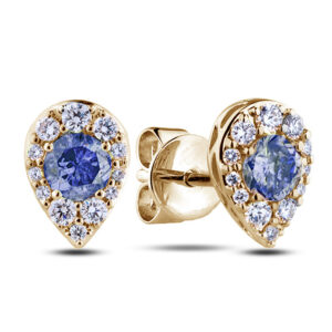 Sapphire and Canadian Diamond Pear-Shaped Halo Stud Earrings in Yellow Gold