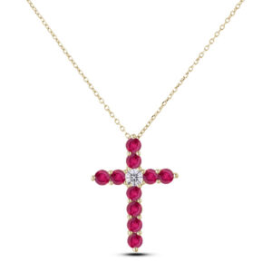Ruby And Canadian Diamond Cross Pendant In Yellow Gold