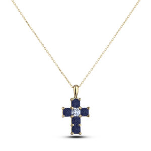 Princess Cut Canadian Diamond and Sapphire Cross Pendant In Yellow Gold