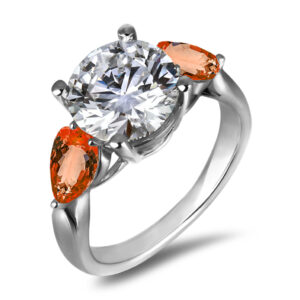 Canadian Diamond and Padparadscha Color Orange Sapphire Trilogy Style Ring in 18K White Gold