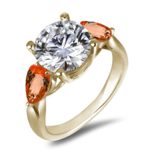 Canadian Diamond and Padparadscha Color Orange Sapphire Trilogy Style Ring in 18K Yellow Gold