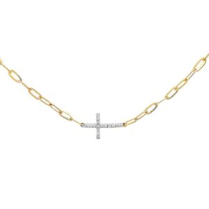 Canadian Diamond Horizontal Cross Paperclip Chain Necklace In Yellow and White Gold