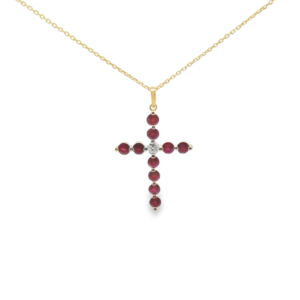 Canadian Diamond and Thai Ruby Cross Pendant In Yellow Gold