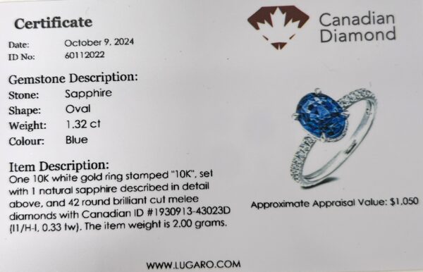 1.32 Carat Oval Natural Sapphire and Canadian Diamond Hidden Halo Ring in White Gold
