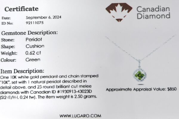 Peridot Cushion Cut & Canadian Diamond Pendant in White Gold - Image 2