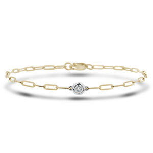 Canadian Diamond Solitaire Round Brilliant Cut Bezel Paperclip Chain Bracelet in Yellow and White Gold