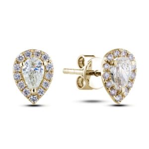Pear Shaped Canadian Diamond Halo Stud Earrings in Yellow Gold