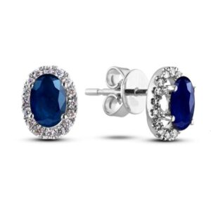 Oval Cut Sapphire and Canadian Diamond Halo Stud Earrings in White Gold