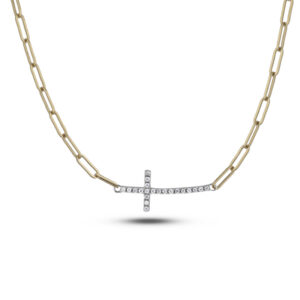 Canadian Diamond Paperclip Chain Cross Necklace In Yellow Gold