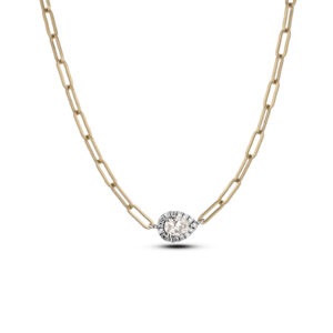 Canadian Diamond Pear Shape Halo Paperclip Necklace in Yellow Gold