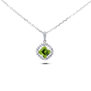 Peridot Cushion Cut & Canadian Diamond Pendant in White Gold