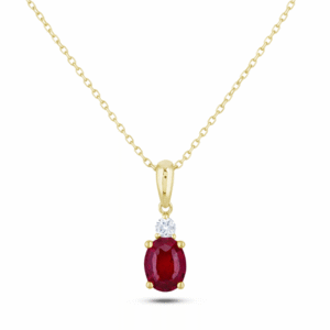 Oval Shaped Ruby and Canadian Diamond Pendant In Yellow Gold
