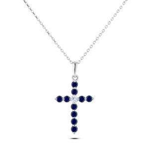 Canadian Diamond and Australian Sapphire Cross Pendant In White Gold