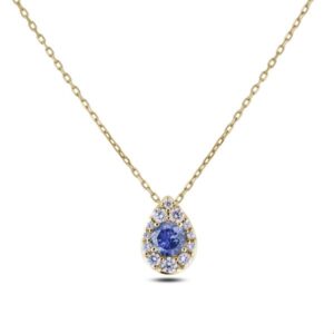 Sapphire and Canadian Diamond Halo Pear Shaped Pendant In Yellow Gold
