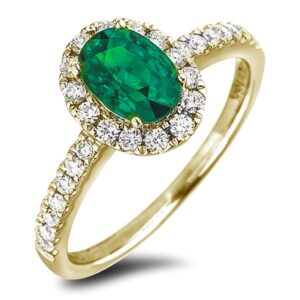 Emerald and Canadian Diamond Halo Oval Cut Ring In Yellow Gold