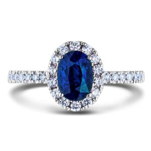 Oval Cut Sapphire and Canadian Diamond Halo Ring In White Gold