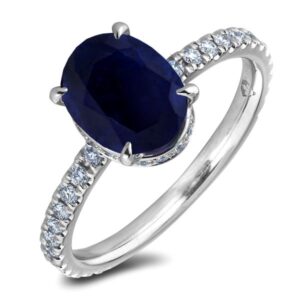 1.32 Carat Oval Natural Sapphire and Canadian Diamond Hidden Halo Ring in White Gold