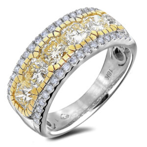 Ideal Princess Cut Light Yellow Diamond Wide Anniversary Ring in 18K White and Yellow Gold