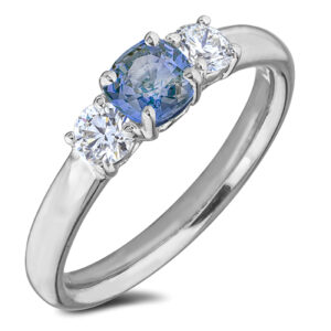 De Beers Forevermark and Cushion Cut Sapphire Trilogy Ring in 18K White Gold