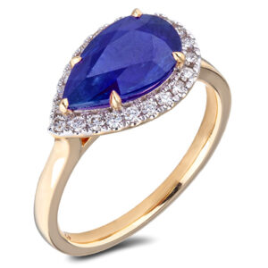 Pear Shaped Sapphire and Canadian Diamond Halo Ring in Yellow Gold