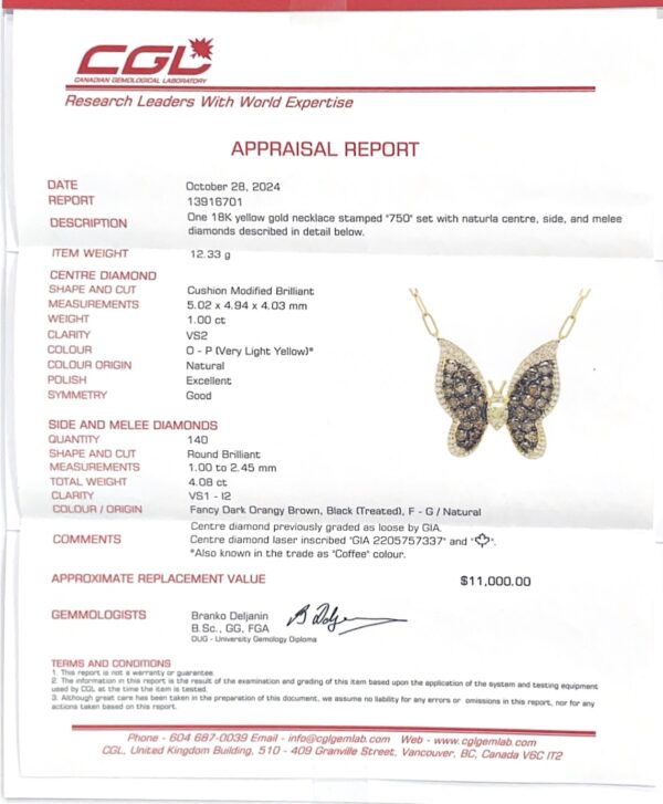 Canadian GIA Diamond and Coffee Diamond Butterfly Paperclip Necklace in 18K Yellow Gold