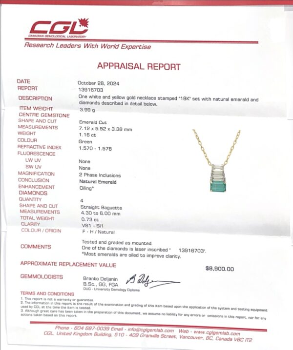 Emerald and Baguette Cut Canadian Diamond Vertical Drop Pendant in 18K Gold