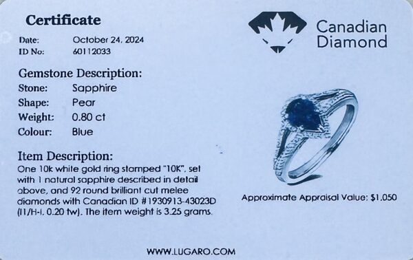 Pear Sapphire and Canadian Diamond Halo Ring in White Gold