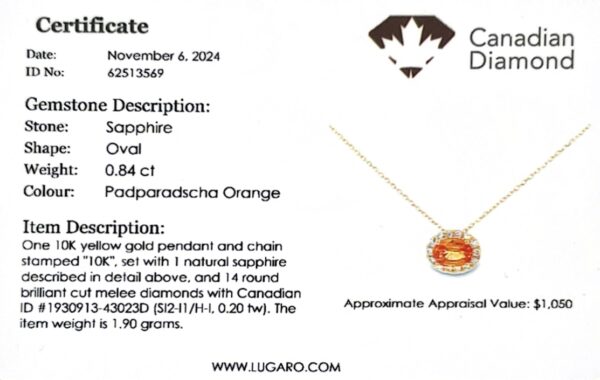 Padparadscha Orange Colour Oval Cut Sapphire and Diamond Halo Pendant in Yellow Gold