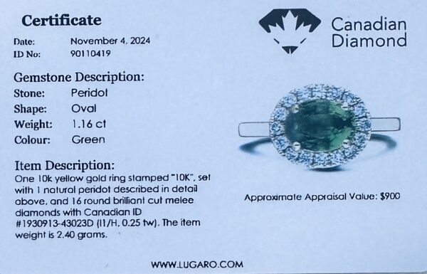 Oval Shaped Peridot and Canadian Diamond Halo Ring in Yellow Gold