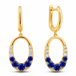 Ceylon Blue Sapphire and Canadian Diamond Dangle Oval Earrings in Yellow and White Gold