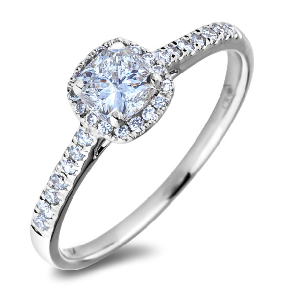 Ideal Square De Beers Forevermark Diamond Halo Engagement Ring in 18K White Gold