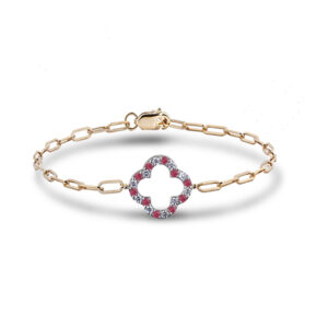 Clover Canadian Diamond and Ruby Bracelet with Paperclip Chain in Yellow Gold