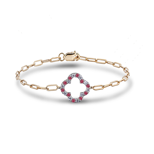 Clover Canadian Diamond and Ruby Bracelet with Paperclip Chain in Yellow Gold