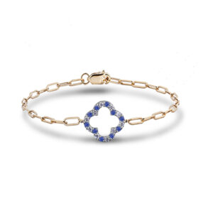 Sapphire and Canadian Diamond Clover Bracelet with Paperclip Chain in Yellow Gold