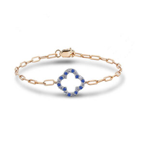 Sapphire and Canadian Diamond Clover Bracelet with Paperclip Chain in Yellow Gold