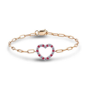 Ruby and Canadian Diamond Open Heart Bracelet with Paperclip Chain in Yellow Gold
