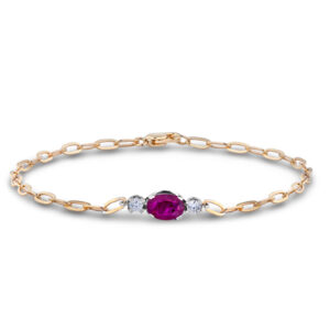 Oval Ruby and Canadian Diamond 3-Stone Paperclip Bracelet In Yellow Gold
