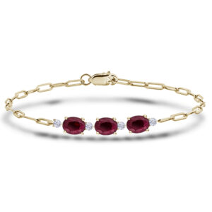 Thai Ruby And Canadian Diamond Dainty Paperclip Chain Bracelet In Yellow Gold