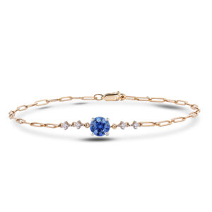 Round Sapphire and Canadian Diamond with Paperclip Chain Bracelet in White and Yellow Gold