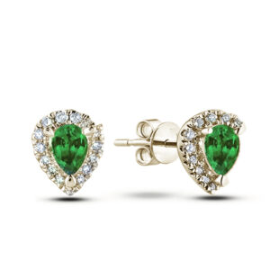 Pear Emerald and Canadian Diamond Halo Stud Earrings in Yellow Gold