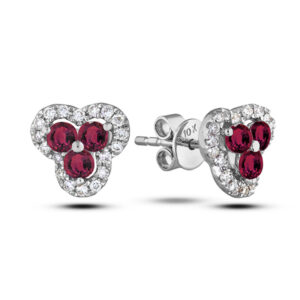 Ruby and Canadian Diamond Flower Clover Halo Stud Earrings In White Gold