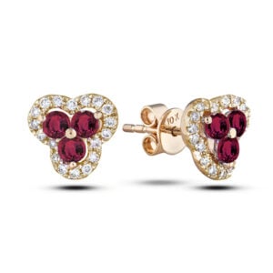 Ruby and Canadian Diamond Flower Clover Halo Stud Earrings In Yellow Gold