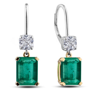 Brazilian Emerald and Cushion Cut Diamond Dangle Earrings in 18K White and Yellow Gold