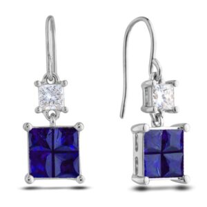1.60 Ctw Sapphire & 0.40 Ctw Princess Cut Canadian Diamond Earrings in White Gold